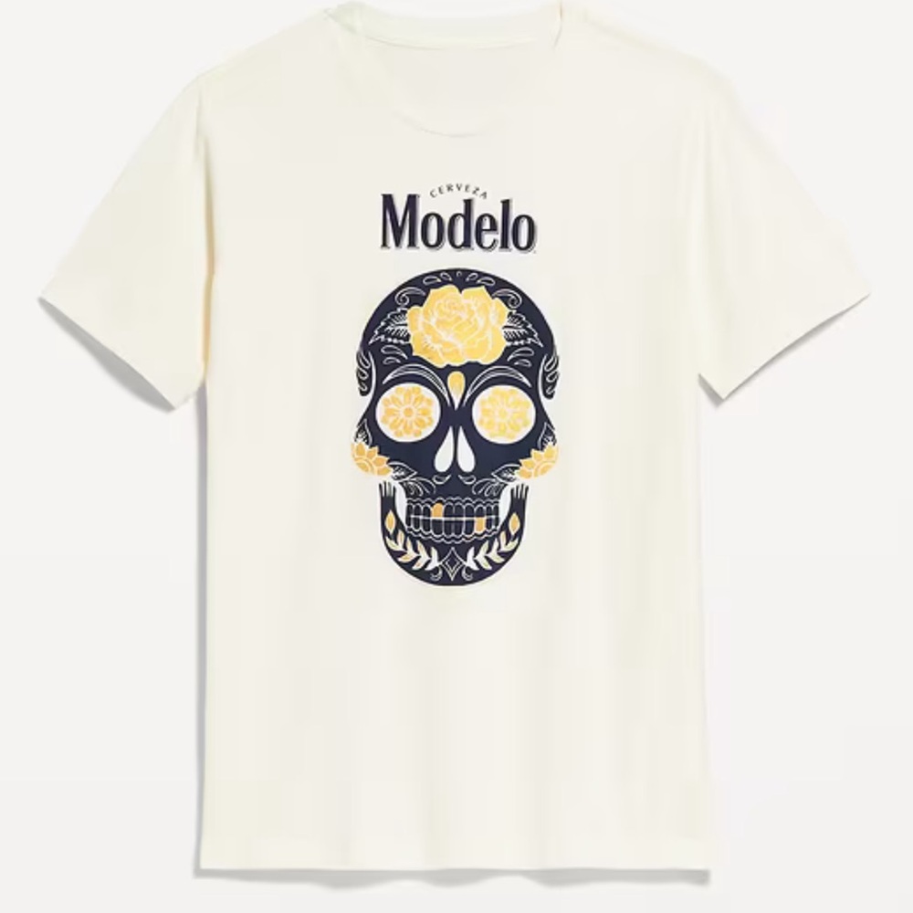 ModelCo Men's Cream Tee with Navy and Yellow Sugar Skull Graphic